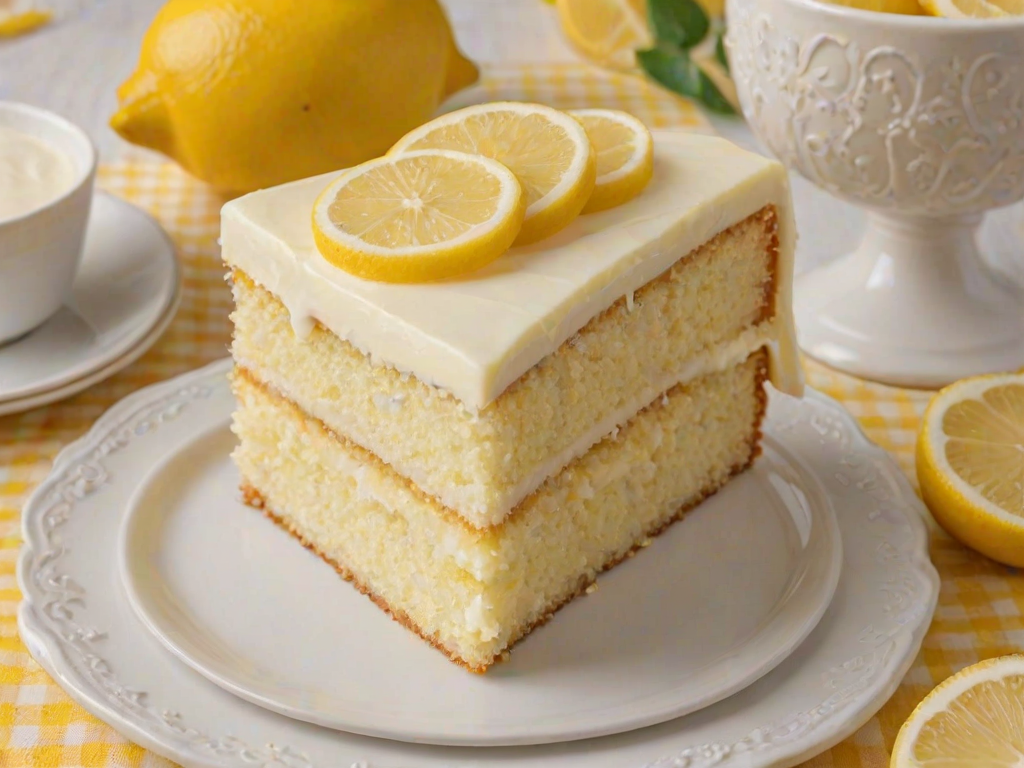 Create an image of a slice of lemon cake with a creamy lemon frosting. The cake should have two layers, showcasing a moist, fluffy texture. The slice is presented on a white plate, with a light yellow checkered background. Add a few lemon slices or zest on top for decoration.
