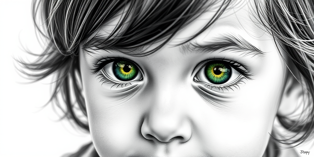 A hyperdetailed photorealistic black and white sketch of a beautiful toddler with deep green eyes, with a macro focus