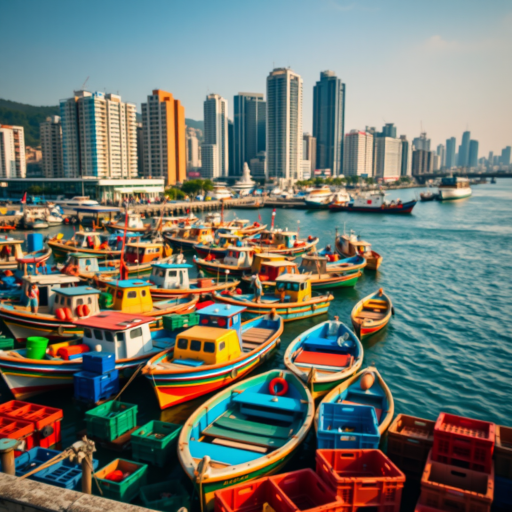capture a busy fishing harbor with vibrant boats and colorful crates in the foreground, a modern skyline in the background, shallow depth of field, ISO 200, aperture f/8, shutter speed 1/250s, taken with a DSLR camera from a high vantage point, natural lighting