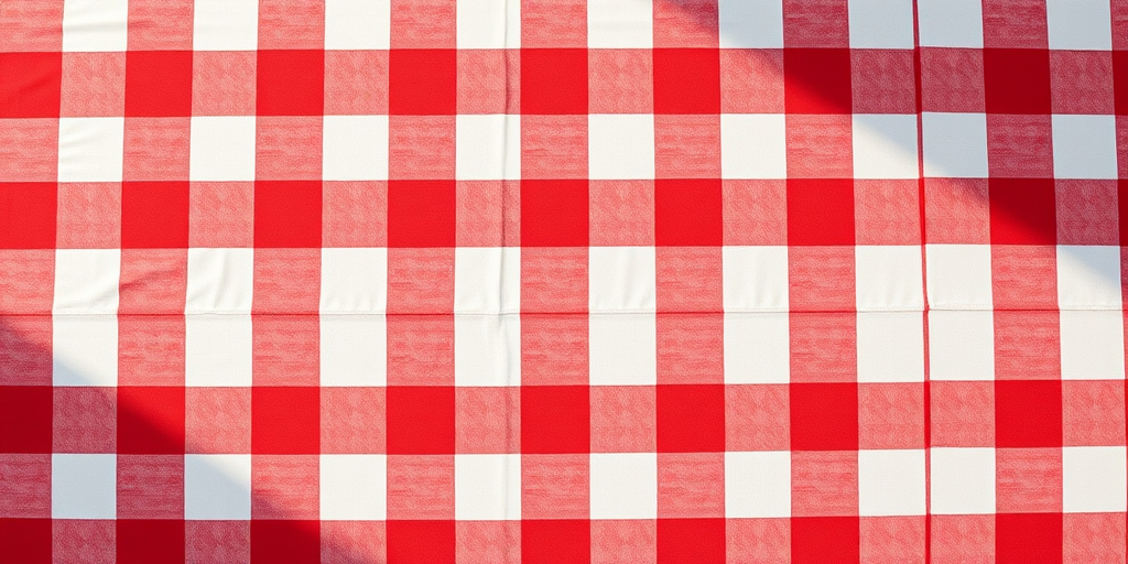 Create a high-resolution image of a red and white checkered pattern resembling a picnic tablecloth, shot with a Canon EOS 5D Mark IV, 50mm lens, aperture f/8, shutter speed 1/125s, ISO 100, top-down view, with soft natural lighting for enhanced texture and detail.