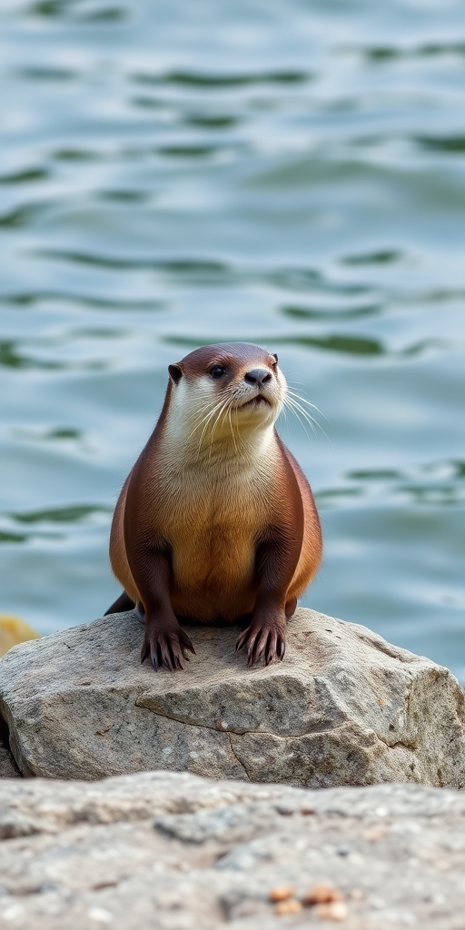 Create a high-resolution image of an otter sitting on a rock by the water, captured with a DSLR camera at f/5.6 aperture, ISO 200, 1/250 shutter speed, using a 50mm lens from a low angle to emphasize its posture and the texture of the rock.