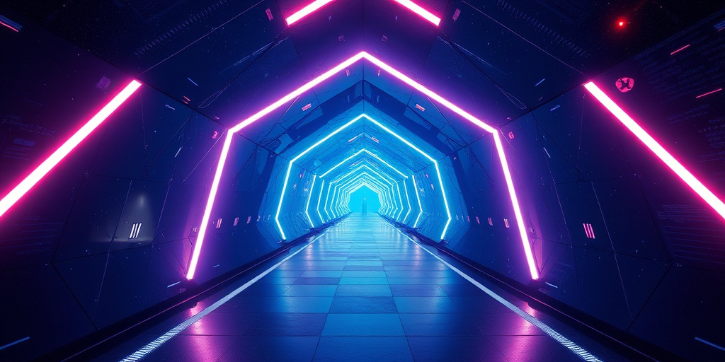 Create a futuristic digital landscape featuring a geometric tunnel with illuminated edges, wide-angle view, ISO 100, f/8 aperture, 24mm lens, HDR photography style, captured with a DSLR camera.