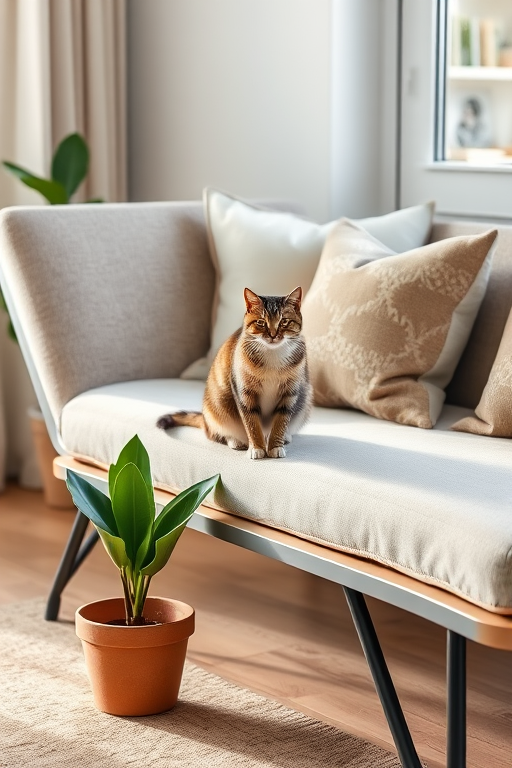 Create a high-resolution image of a cat sitting on a modern chaise lounge with a potted plant beside it and decorative pillows, using a DSLR camera with a 50mm lens, f/2.8 aperture, ISO 100, and natural lighting for enhanced detail and clarity.