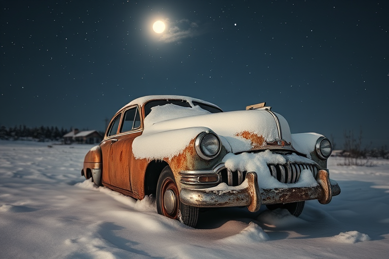 A vintage rusty car covered in snow at night with a starry sky, soft moonlight illuminating the scene, shot with a DSLR camera, 50mm lens, f/1.8 aperture, ISO 200, with a shallow depth of field to blur the background.