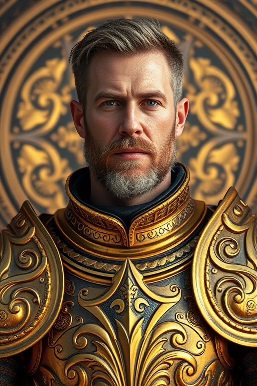Portrait of a man in ornate golden armor with a detailed background featuring intricate circular patterns, captured with a DSLR camera at f/1.8, ISO 100, 50mm lens, natural lighting, shallow depth of field, emphasizing sharp details and vibrant colors.