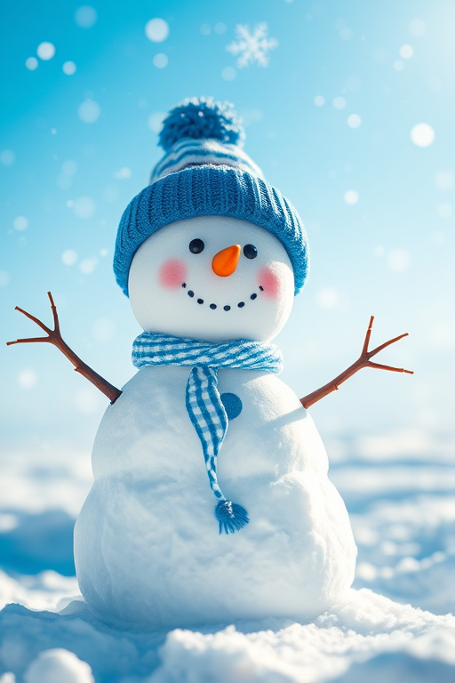 Create a winter landscape with a cheerful snowman wearing a blue hat, surrounded by gently falling snowflakes, a bright blue sky in the background, captured with a Canon EOS R5, 50mm lens, f/2.8 aperture, ISO 200, and a shallow depth of field for a dreamy effect.