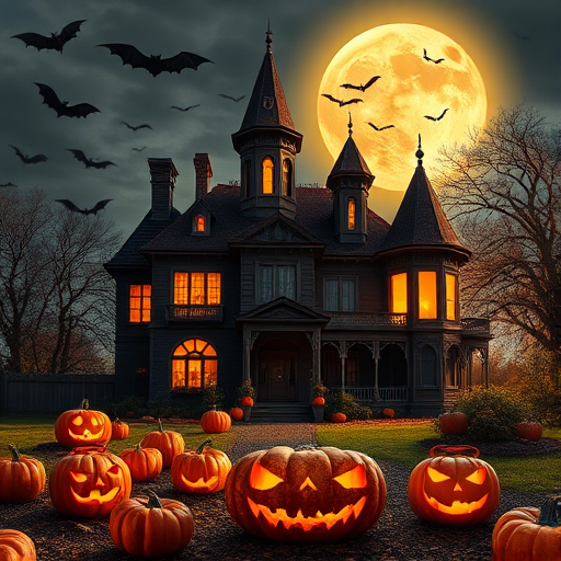 Create a highly detailed Halloween scene featuring a spooky mansion under a full moon with bats flying, surrounded by carved pumpkins, using a DSLR camera at f/1.8, ISO 100, 24mm lens, shot in golden hour lighting, focusing on vibrant colors and sharp contrasts.