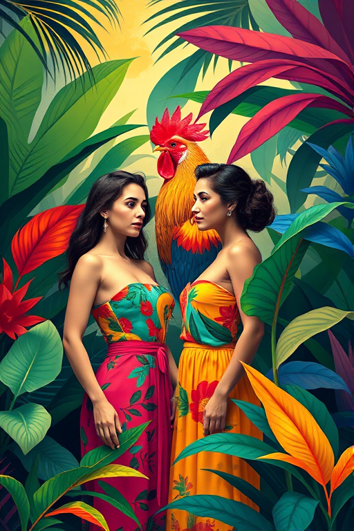 Create a vibrant digital painting of two women standing amidst lush tropical foliage, featuring bold colors and abstract shapes, with a large, colorful rooster in the background, captured with a Canon EOS R5, 50mm lens, f/1.8 aperture, ISO 100, vibrant contrast, high saturation.