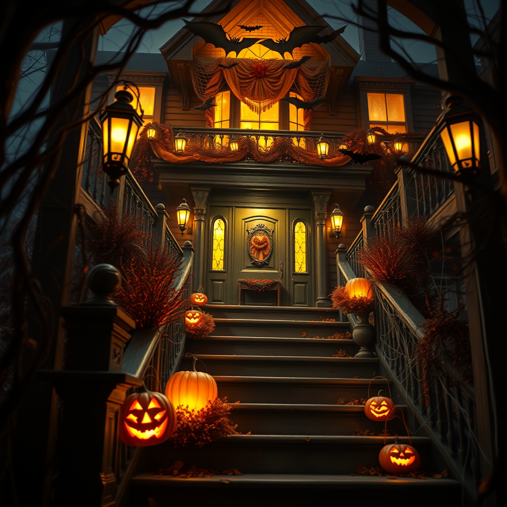 airbrushed oil painting, halloween theme, a haunted house, stairs, highly decorated, illuminated, lanterns, jack o'lantern, bats, webcobs