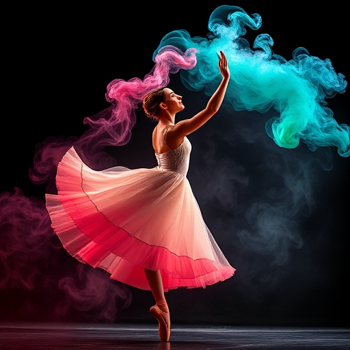 Regenerate the image of a ballet dancer in motion with swirling colorful smoke, captured using a DSLR camera, 85mm lens, f/1.8 aperture, ISO 200, shutter speed 1/200s, in dramatic side lighting to enhance the fluidity and colors in a dark background.