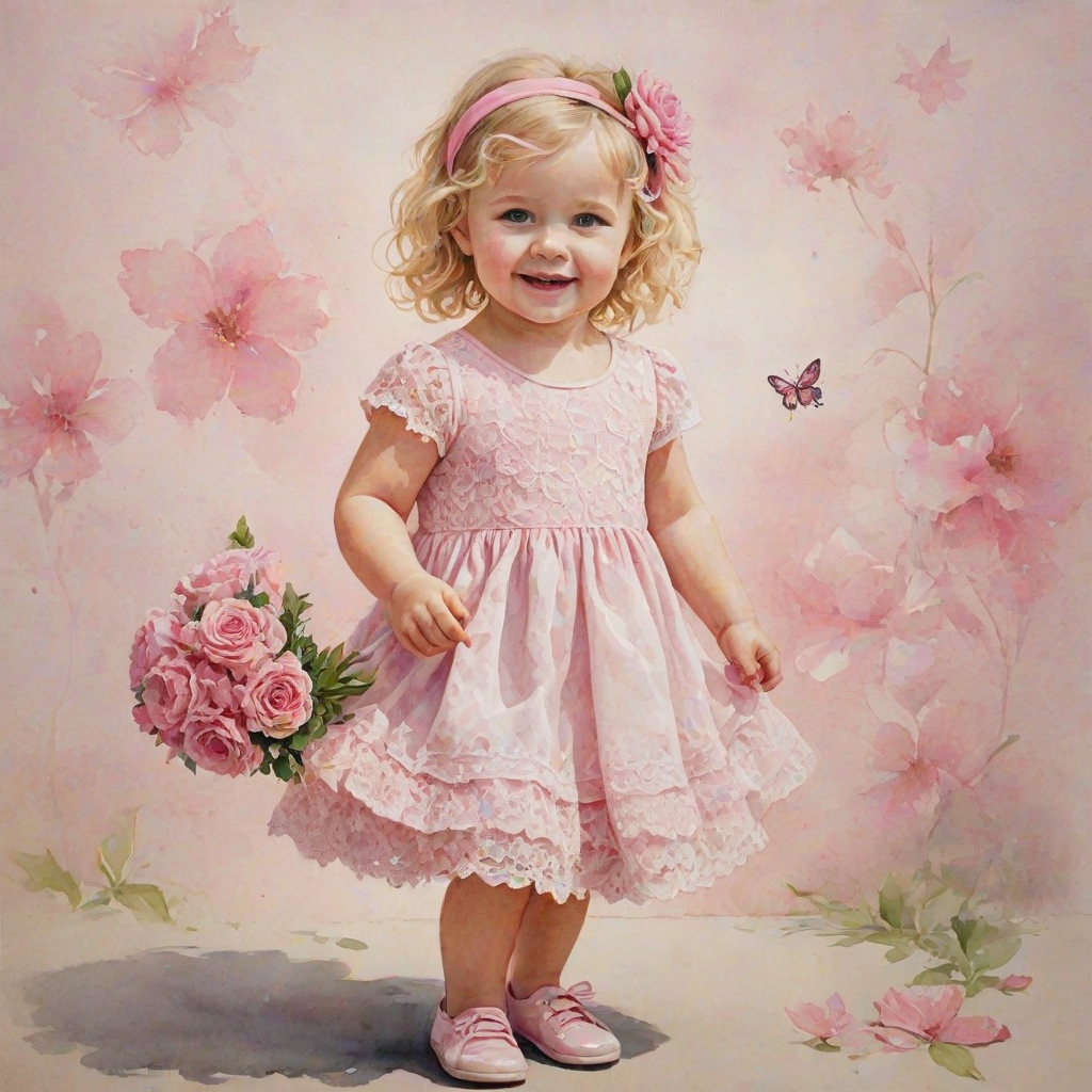 hyperrealism happy smiling toddler girl with messy wavy blonde hair with a headband, she is wearing a pink and white lace dress with pink and white shoes, she is holding a pink bouquet of flowers. Pink flowers and butterflies. summer background. Watercolor Highly detailed