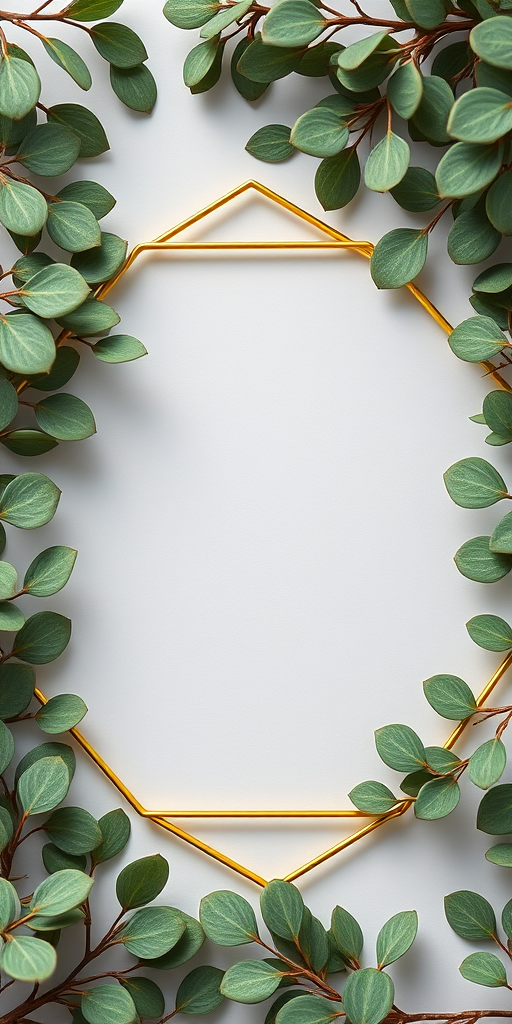 Create a high-resolution image of a hexagonal frame made of golden geometric lines with green eucalyptus leaves interspersed, using a Canon EOS R5 at f/2.8, ISO 100, 50mm lens, natural lighting, and a flat lay perspective.