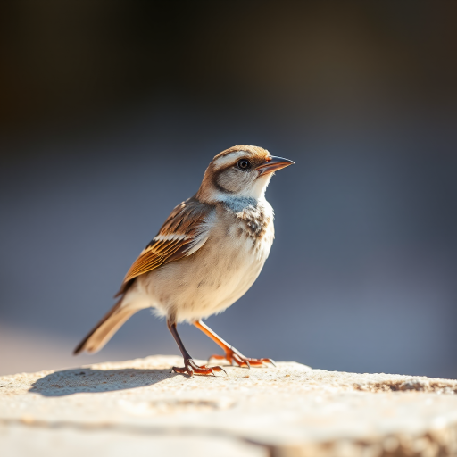 capture a close-up of a sparrow standing on a stone surface with a shallow depth of field, ISO 200, aperture f/2.8, shutter speed 1/500s, natural sunlight, DSLR camera with a 50mm lens