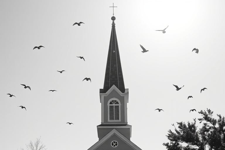 Capture a high-resolution black and white image of a church steeple against a bright sky with birds in flight, using a Canon EOS R5 at f/8, ISO 200, 1/2000 sec, shot from a high vantage point with a wide-angle lens.