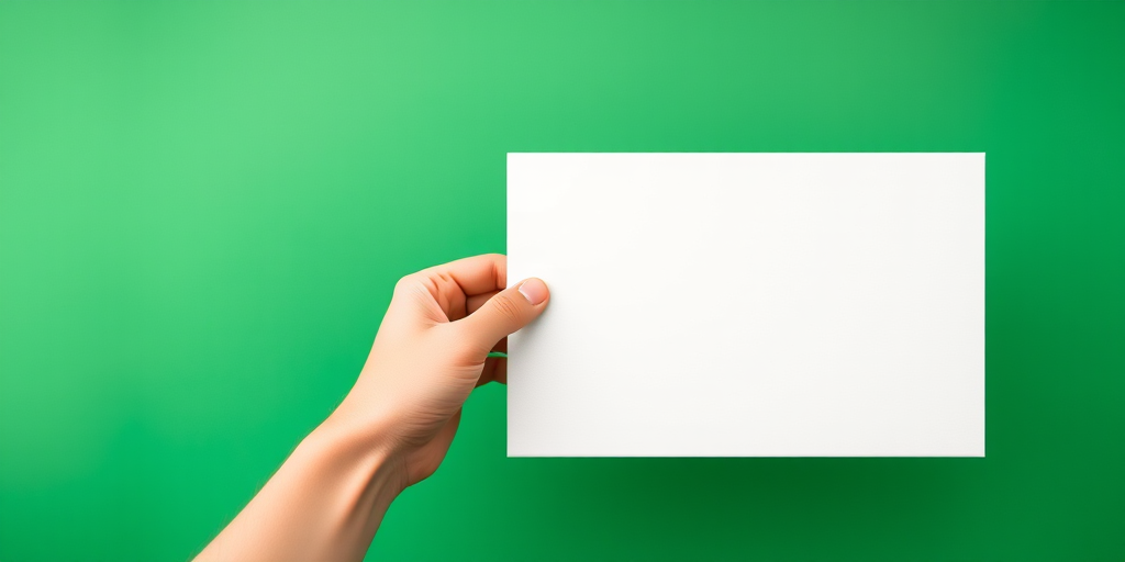 Create an image of a hand holding a blank canvas against a green background, using a DSLR camera with a 50mm lens, aperture f/2.8, ISO 100, natural lighting, top-down view for a clean and vibrant look.