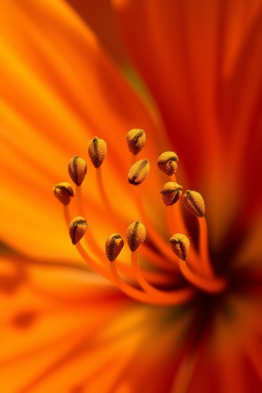 Close-up of a vibrant orange flower showing detailed stamens and petals, taken with a macro lens, aperture f/2.8, shutter speed 1/200s, ISO 100, natural lighting, DSLR camera, focus on texture and colors.