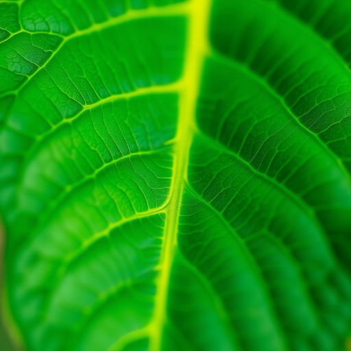 Create a close-up illustration of a vibrant green leaf with detailed vein patterns, using a macro lens, aperture f/2.8, ISO 100, and a natural light setting to enhance color and texture.