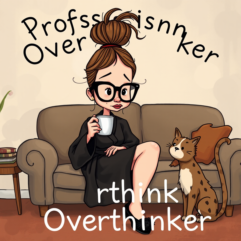 The words ‘Professional Overthinker’ (exact spelling) An exaggerated whimsical illustration of a cute silly lady with unruly messy brown bun and black glasses pouty lips and a thinking expression. Shes sitting on the couch, legs folded wearing a black silk robe, black fuzzy slippers. She’s holding her coffee cup and making a deep-in-thought face.  A quirky scruffy cat (dog) looking at her against a mottled, oil painting style soft background living room setting.