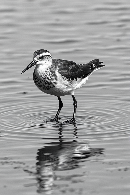 Create a detailed illustration of a bird wading in shallow water, using high contrast black and white to emphasize its shape and form, captured with a DSLR camera at f/4, ISO 200, 1/500s, in a close-up view to enhance the bird's features and the surrounding water texture.