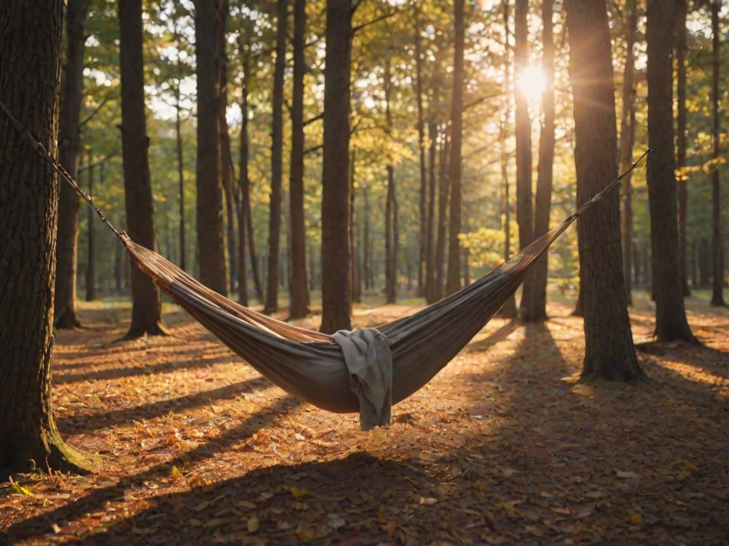 Soft-focus image of a hammock swaying between two trees in a quiet forest at sunset, with soft golden light filtering through the leaves and casting long shadows on the ground.