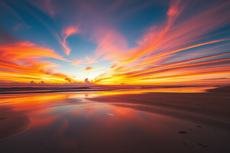 Generate an image of a vibrant sunset over a tranquil beach, capturing vivid colors in the sky and reflections on the water, shot with a Canon EOS R5, at f/11, ISO 100, 1/125 sec, wide-angle lens, landscape orientation.