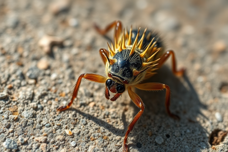 Create an ultra-detailed macro photograph of a spiky insect or creature resting on a textured concrete surface, using a Canon EOS 5D Mark IV, f/2.8 aperture, ISO 100, 1/200 sec shutter speed, with natural lighting to enhance the clarity and colors.