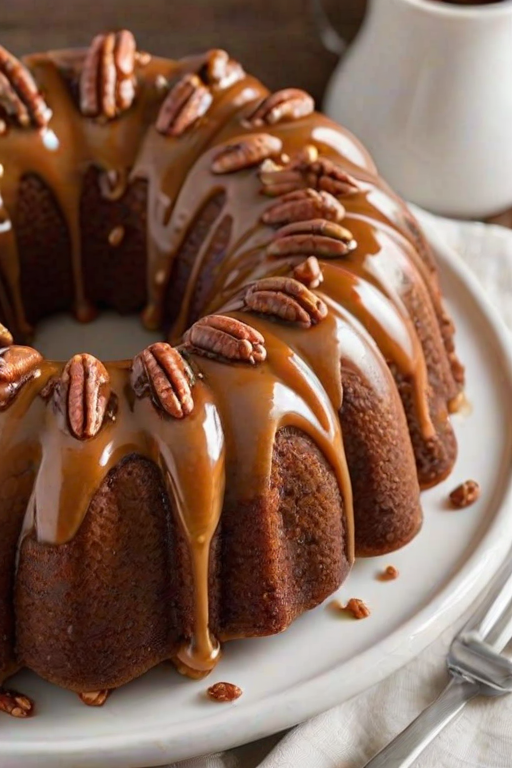Create a delicious bundt cake topped with a glossy caramel glaze and sprinkled with chopped pecans. The cake should have a rich golden-brown color and a smooth, shiny finish. Place the cake on a white plate, showcasing its moist texture and the glistening topping.