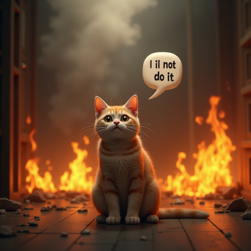 Photorealistic image of an innocent-looking cat sitting calmly in the middle of a burning room. Flames engulf the room, with fire licking up the walls and smoke filling the air. The cat is sitting on the floor, looking directly at the viewer with wide, innocent eyes. Above the cat, a speech bubble says "I did not do it" The contrast between the cat's calm demeanor and the chaos around it creates a humorous and surreal scene.