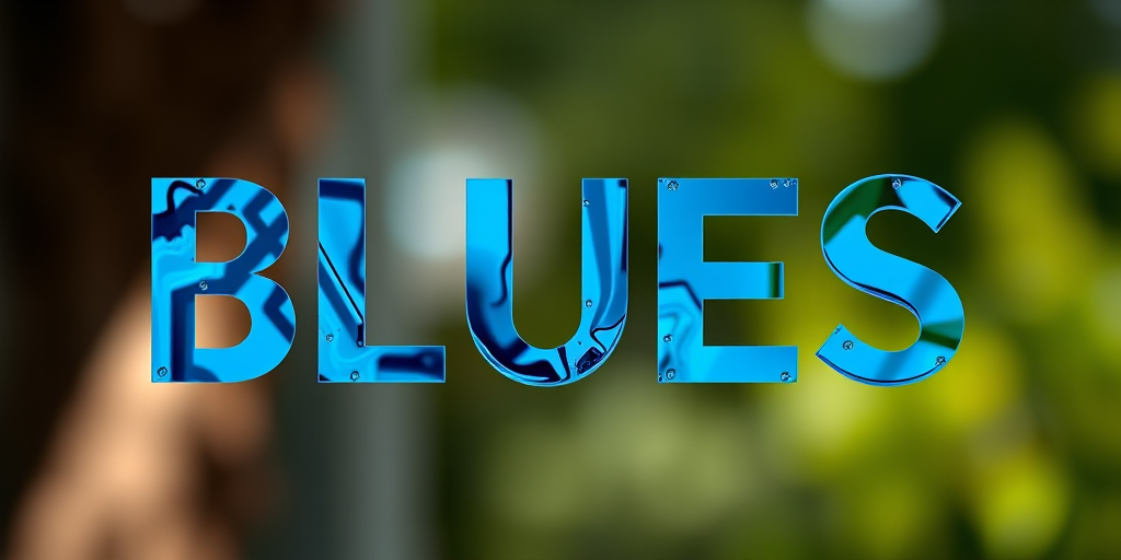 Create a high-resolution image of an abstract text design resembling "BLUES," shot with a Canon EOS R5, 50mm lens, f/1.8 aperture, ISO 200, in natural light, with a shallow depth of field to emphasize the text against a blurred background.