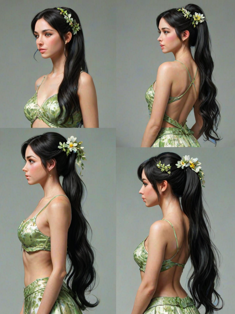 front view, side view, back view, multiple views, reference sheet, full body, andrea_sussman, black hair, green eyes, hair ornament, hair flower, long hair, ponytail, 1girl