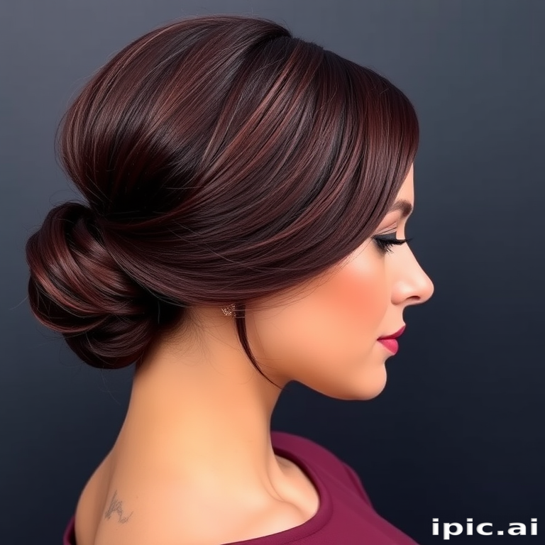 Sophisticated socialite flaunting a sleek, low bun with a deep side part and face-framing pieces, colored in a rich burgundy hue
