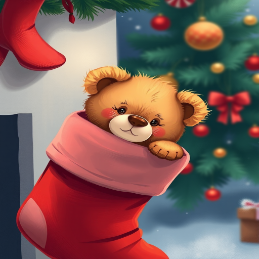 Create an illustration of a cute teddy bear peeking out of a festive red Christmas stocking, using a DSLR camera with a 50mm lens, aperture set to f/2.8, ISO 100, and a shallow depth of field for a soft background, captured from a slightly elevated angle to enhance the subject's charm.
