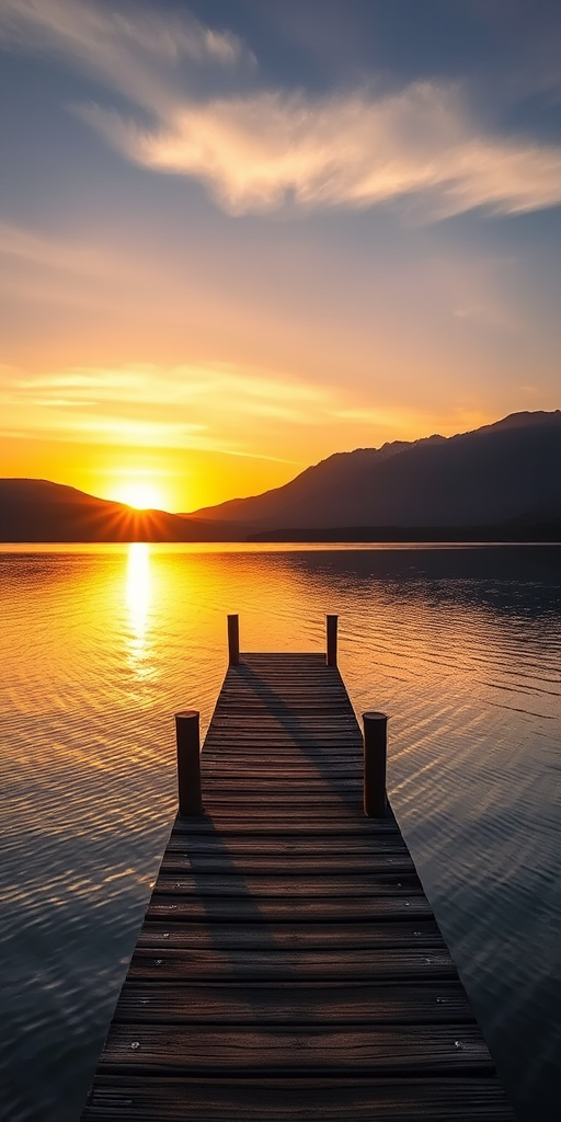 Capture a serene sunset over a calm lake with a wooden pier in the foreground, mountains in the background, using a DSLR camera, aperture f/8, shutter speed 1/60 sec, ISO 100, golden hour lighting, wide-angle lens, and a slight vignette for depth.