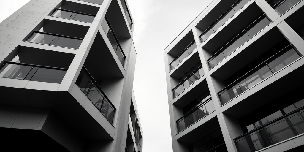 high-contrast black and white photograph of a modern building with sharp angles and balconies, taken from a low angle, using a DSLR camera, aperture f/8, shutter speed 1/250s, ISO 100, natural lighting
