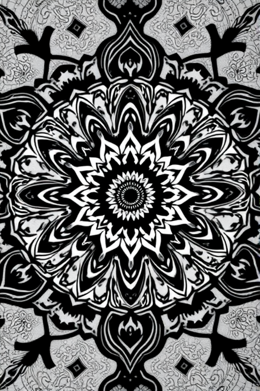 Create an intricate black and white mandala design with detailed patterns and symmetry using a Canon EOS R5 with a 50mm f/1.8 lens, aperture set at f/8, ISO 100, and a top-down view for enhanced clarity and depth.