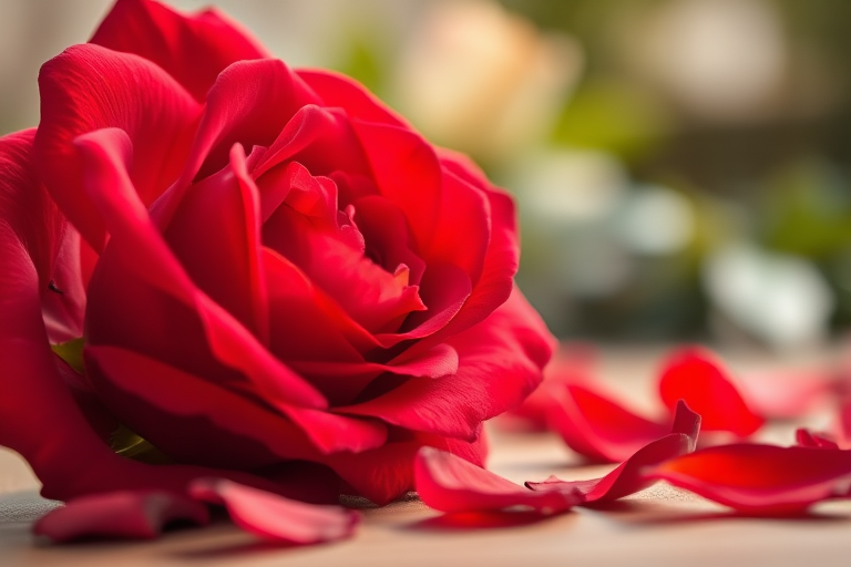 Capture a close-up of a vibrant red rose with petals scattered next to it, using a shallow depth of field, aperture f/2.8, ISO 100, 50mm lens, natural lighting, and a soft focus background for enhanced detail and color richness.