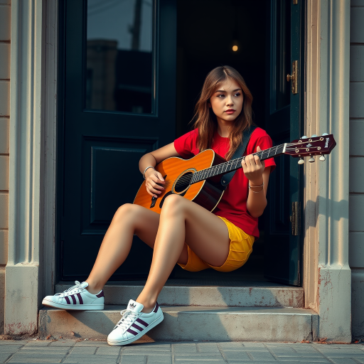 Ultra-realistic and very detailed image, high resolution and definition of a young woman, a rocker. She's sitting on the step of a doorway, with one leg stretched out, playing an acoustic guitar. The young woman is wearing a red T-shirt and yellow shorts. Adidas trainers. The door is glazed and mirrors the street.