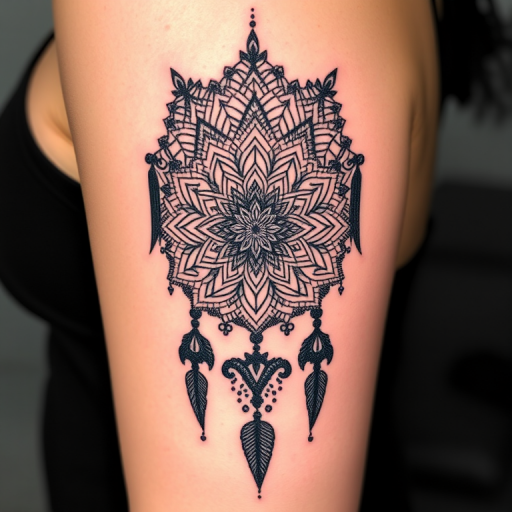 Ornamental blackwork tattoo showcasing intricate lace-like patterns and mandalas forming a dreamcatcher design, with meticulous dotwork shading, called "Ethereal Catcher"