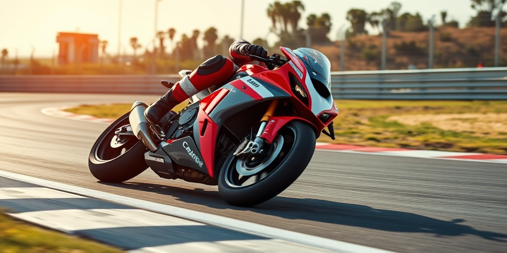 capture a high-speed motorcycle racer leaning into a turn on a racetrack with vivid colors and sharp detail, use a Canon EOS R5 with a 24-70mm f/2.8 lens, set shutter speed to 1/1000s, aperture at f/4, ISO 200, and a low angle view for dynamic perspective