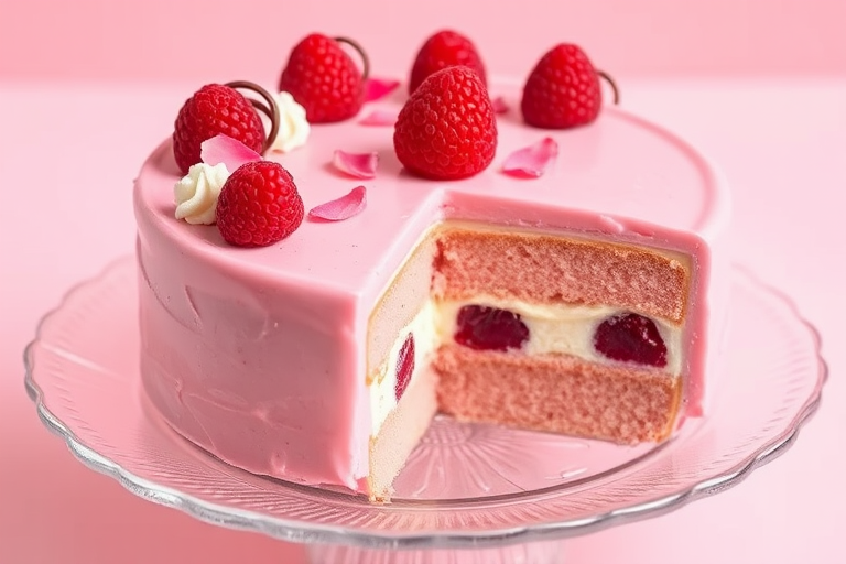 A beautifully decorated pink cake with a glossy finish, featuring a layer of raspberry filling and vanilla cream, garnished with fresh raspberries, rose petals, and decorative chocolate curls, displayed on an elegant glass plate with a slice cut out, set against a soft pink background.