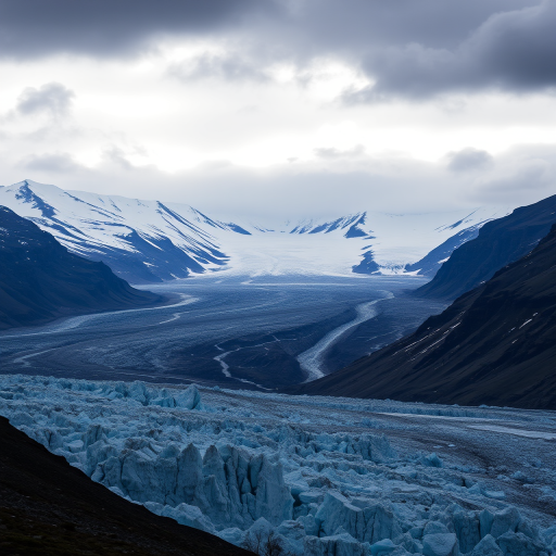 Capture a dramatic landscape of icy glaciers and snow-capped mountains under a moody sky, using a DSLR camera with a 24mm lens, aperture set to f/8, ISO 200, and a shutter speed of 1/125 sec.