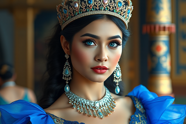 A gorgeous Bhutanese woman in a luxurious blue gown, accessorized with a dazzling tiara and statement earrings, her deep blue eyes highlighted by impeccable makeup, poised in a royal setting, photorealistic, 8K quality