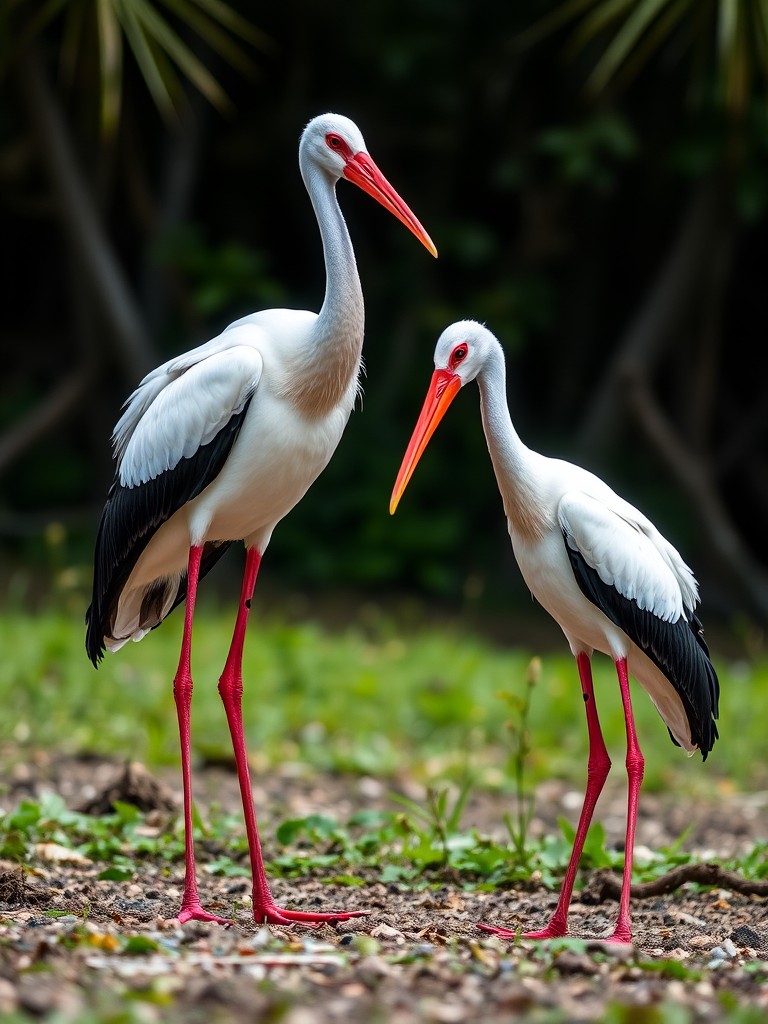 Two storks standing side by side in a natural environment, high resolution, shallow depth of field, 85mm lens, f/1.8 aperture, ISO 100, soft natural lighting, captured with a DSLR camera from a low angle perspective.
