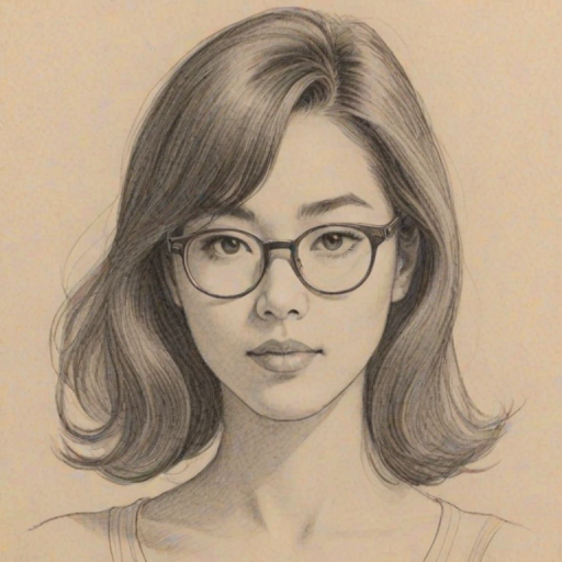 Alluring Eleanore Matsuura, pencil sketch, portrait of Lovely woman 1959s in glasses, hair style beatnik, outline, clear lines, fine lines, 8k