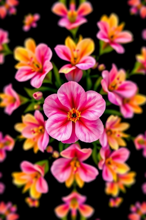 Generate a vibrant fractal pattern featuring pink and yellow flowers on a black background, captured with a high-resolution DSLR camera, 50mm lens, f/1.8 aperture, ISO 100, using a shallow depth of field to enhance details and colors.