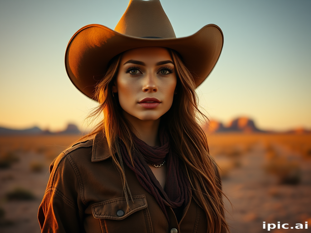 Dramatic photo of a beautiful Western American woman, classic cowboy attire, confident and free spirit expression, half-length portrait, centered, golden hour desert landscape, warm, diffused light, low angle, medium format film camera, in style of Annie Leibovitz.