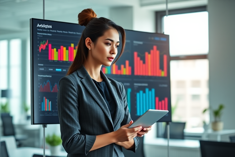 Create an image of a professional woman in business attire analyzing data on a large screen with colorful graphs and charts, shot with a Canon EOS R5, 24mm lens, f/2.8 aperture, ISO 200, in natural light from a window, in a modern office environment.