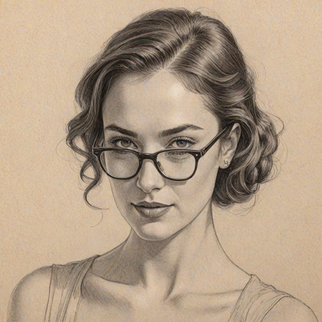 Exquisite Caitlin McHugh, pencil sketch, portrait of Pleasing woman 1931s in glasses, hair style beatnik, outline, clear lines, fine lines, 8k