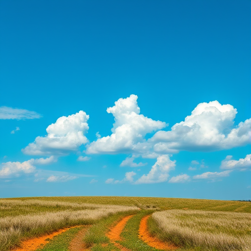 Regenerate an image of a serene landscape with a clear blue sky and fluffy white clouds, using a Canon EOS R6 camera, 24mm lens, f/8 aperture, ISO 100, and a focus on vibrant colors and rich details, using a wide-angle perspective to capture the expanse of the scene.