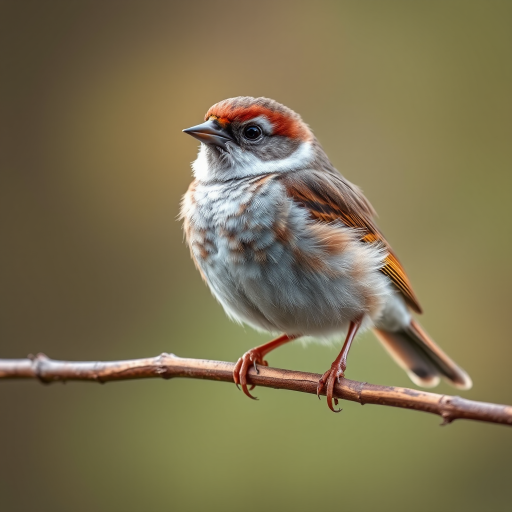Capture a close-up image of a sparrow perched on a branch with a blurred background, using a Canon EOS 5D Mark IV, 85mm lens, f/2.8 aperture, ISO 200, shutter speed 1/500s for sharp focus and vibrant detail.